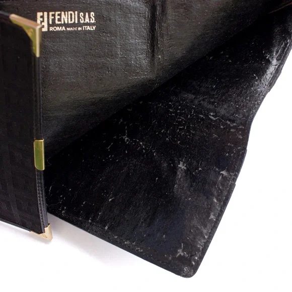 VTG 80s. FENDI FF Zucca Monogram Canvas & Leather Trifold Wallet In Black